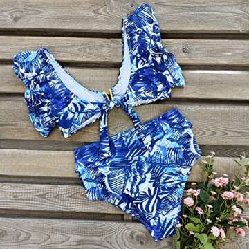 SPORLIKE Women High Waisted Swimsuit V Neck Ruffle Bikini Set Padded Bathing Suit(Blue Print,Medium)