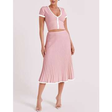 Tanming Women's Two Piece Skirt Set Casual Short Sleeve Crop Top Ribbed Knit Midi Pleated Skirt (Pin...