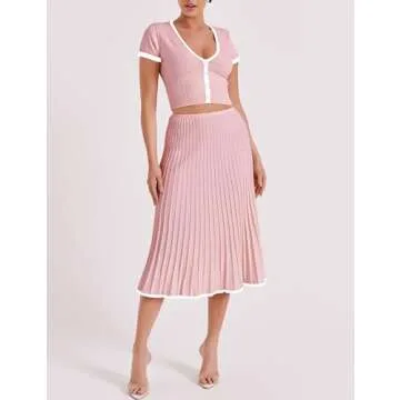 Tanming Women's Two Piece Skirt Set Casual Short Sleeve Crop Top Ribbed Knit Midi Pleated Skirt (Pin...