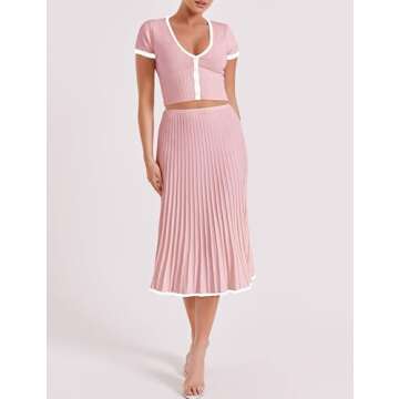 Tanming Women's Two Piece Skirt Set Casual Short Sleeve Crop Top Ribbed Knit Midi Pleated Skirt (Pink-S)