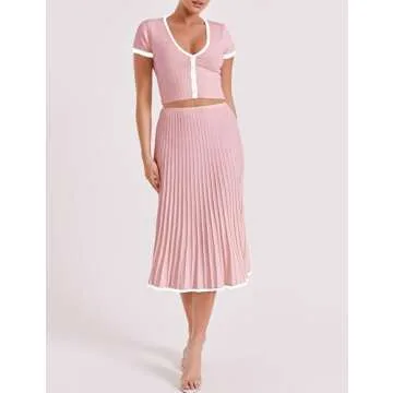 Tanming Women's Two Piece Skirt Set Casual Short Sleeve Crop Top Ribbed Knit Midi Pleated Skirt (Pink-S)
