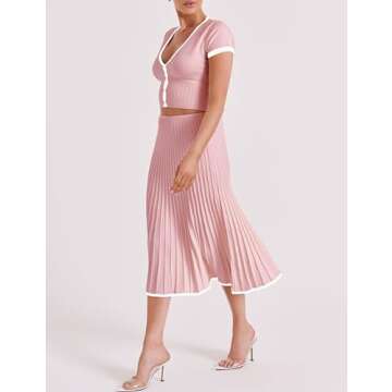 Tanming Women's Two Piece Skirt Set Casual Short Sleeve Crop Top Ribbed Knit Midi Pleated Skirt (Pink-S)