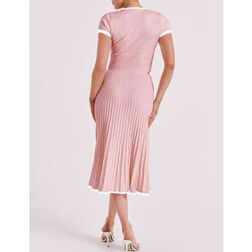 Tanming Women's Two Piece Skirt Set Casual Short Sleeve Crop Top Ribbed Knit Midi Pleated Skirt (Pink-S)