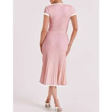 Tanming Women's Two Piece Skirt Set Casual Short Sleeve Crop Top Ribbed Knit Midi Pleated Skirt (Pink-S)