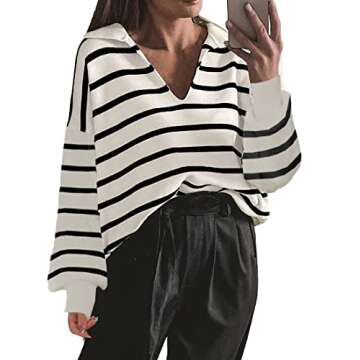 ETCYY Women's Casual Striped Polo V Neck Pullover Sweaters 2022 Trendy Fall Lantern Sleeve Side Slit Knitted Pullover Jumper Tops