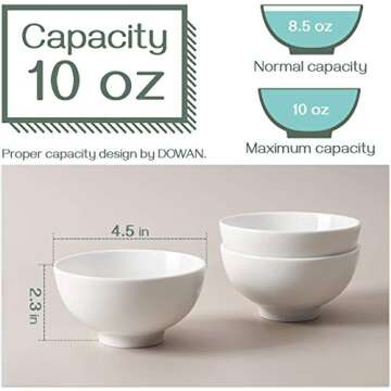 DOWAN 10 OZ Small Dessert Bowls - 4.5" Ceramic Cereal Bowls Set of 8 - Porcelain White Bowls for Side Dishes, Rice, Ice Cream, Oatmeal, Fruit, Soup - Dishwasher & Microwave Safe