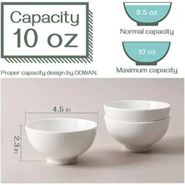 DOWAN 10 OZ Small Dessert Bowls - 4.5" Ceramic Cereal Bowls Set of 8 - Porcelain White Bowls for Side Dishes, Rice, Ice Cream, Oatmeal, Fruit, Soup - Dishwasher & Microwave Safe
