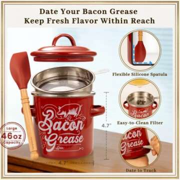 Ayerphalo Bacon Grease Container with Strainer - 46OZ Large Capacity, With Silicone Wooden Spatula, Enamel Bacon Grease Keeper for Bacon Drippings, Farmhouse Red Kitchen Decor, Dishwasher Safe