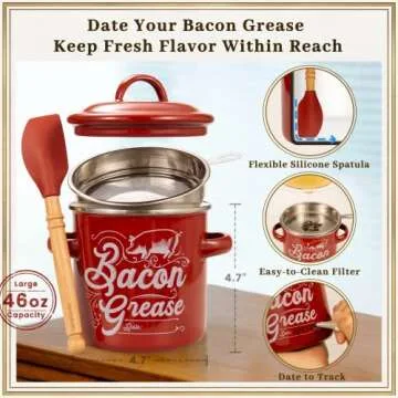 Ayerphalo Bacon Grease Container with Strainer - 46OZ Large Capacity, With Silicone Wooden Spatula, Enamel Bacon Grease Keeper for Bacon Drippings, Farmhouse Red Kitchen Decor, Dishwasher Safe