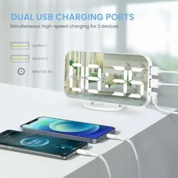 Muoigoe Digital Alarm Clock,Large Display LED And Mirror Desk Clock With Dual USB Charger Ports, 3 Levels Brightness,12/24H Alarm Clocks, Modern Electronic Clock for Bedroom Living Room Office - White