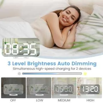 Muoigoe Digital Alarm Clock,Large Display LED And Mirror Desk Clock With Dual USB Charger Ports, 3 Levels Brightness,12/24H Alarm Clocks, Modern Electronic Clock for Bedroom Living Room Office - White