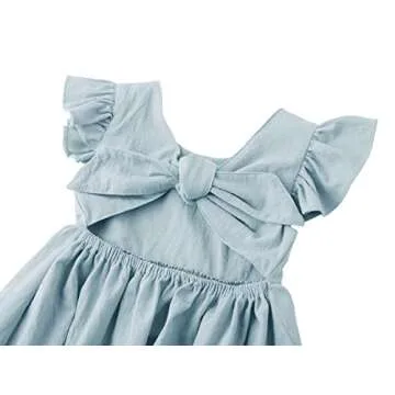 Dutebare Toddler Baby Girls Dress Cotton Linen Ruffle Sleeveless Halter Kids Casual Beach Dresses Light Blue 100