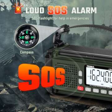 PRUNUS 10000mAh Hand Crank Radio Solar, Battery Powered and USB Charging Emergency Radio, NOAA Weather Radio AM/FM/SW, Torch& Reading Light, SOS Alarm, Power Bank, Compass for Camping 924