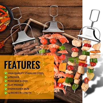 Grilling Savant 3 Way Skewers,14 Inch Metal Skewers for Grilling,Easy to Use Push Bar Slider, BBQ Accessory, Perfect for Meat,Veggies,Fruits,Marshmallow Roasting Sticks Grill Kabob Skewer.