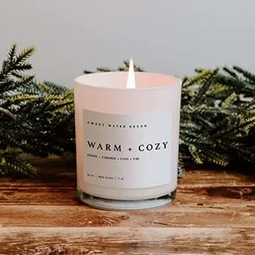 Sweet Water Decor Warm and Cozy Soy Candle - Pine, Orange, Cinnamon, and Fir Winter Scented Candle for Home - 11oz White Jar with Wood Lid, 50+ Hour Burn Time, Made in the USA