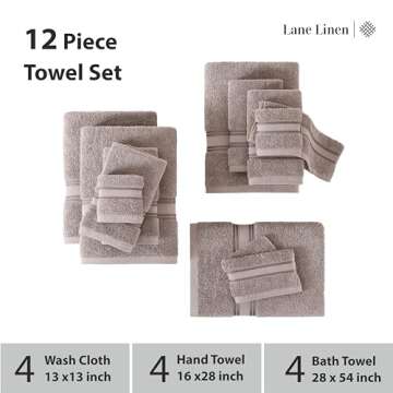 LANE LINEN Luxury Bath Towels Set - 12 Piece Set, 100% CottonBathroom Towels, Zero Twist, Shower Towels, Extra Absorbent Bath Towel, Super Soft, 4 Bath Towels, 4 Hand Towels, 4 Wash Cloths - Platinum