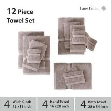 LANE LINEN Luxury Bath Towels Set - 12 Piece Set, 100% CottonBathroom Towels, Zero Twist, Shower Towels, Extra Absorbent Bath Towel, Super Soft, 4 Bath Towels, 4 Hand Towels, 4 Wash Cloths - Platinum