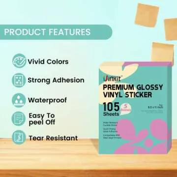 Uinkit 105 Sheets Premium Printable Vinyl Sticker Paper for Inkjet Printer Cricut,included 100Sheets Glossy and 5Sheets Transparent Label Waterproof Adhesive Dries Quickly Tear-Resistant, Removable