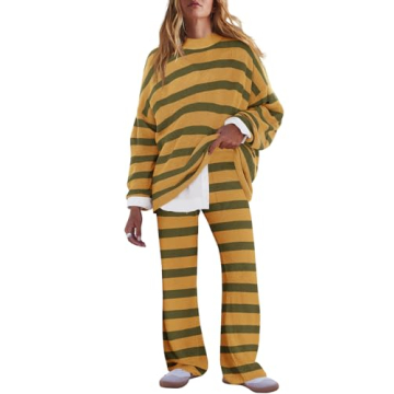 LAMISSCHE Oversized Womens Lounge Set Striped Sweater Set Long Sleeve 2 Piece Pajama Set Top and Pan...