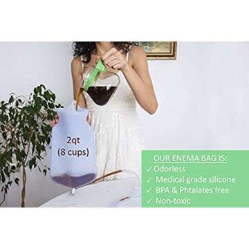 Silicone Enema Bag Kit | Non-Toxic, BPA- & Phthalates-Free | 2 Quart Bag | Extra Long Silicone Hose Assembly | 3 Tips/Nozzles | Stopcock Tap | Non-Return Valve | Stainless Steel Plastic Covered Hook