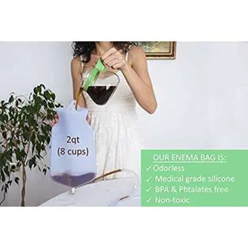 Silicone Enema Bag Kit | Non-Toxic, BPA- & Phthalates-Free | 2 Quart Bag | Extra Long Silicone Hose Assembly | 3 Tips/Nozzles | Stopcock Tap | Non-Return Valve | Stainless Steel Plastic Covered Hook