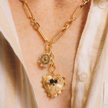 BONJOULRY Chunky Gold Sun Heart Pendent Charm Necklace for Women 18K Gold Plated Choker Necklace Heart Charm Necklace Thick Paperclip Chain Necklace