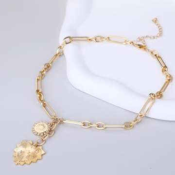 BONJOULRY Chunky Gold Sun Heart Pendent Charm Necklace for Women 18K Gold Plated Choker Necklace Heart Charm Necklace Thick Paperclip Chain Necklace