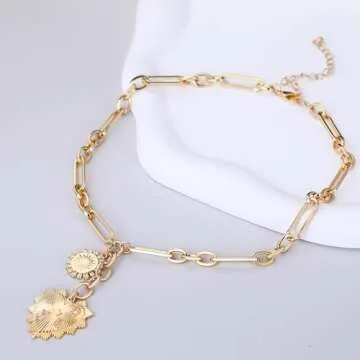 BONJOULRY Chunky Gold Sun Heart Pendent Charm Necklace for Women 18K Gold Plated Choker Necklace Heart Charm Necklace Thick Paperclip Chain Necklace