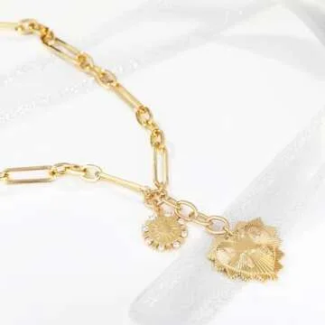 BONJOULRY Chunky Gold Sun Heart Pendent Charm Necklace for Women 18K Gold Plated Choker Necklace Heart Charm Necklace Thick Paperclip Chain Necklace