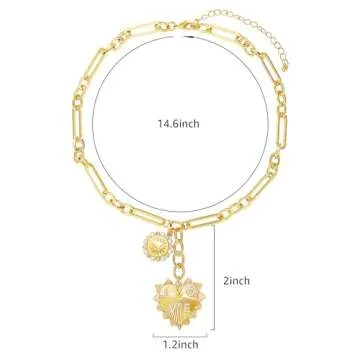 BONJOULRY Chunky Gold Sun Heart Pendent Charm Necklace for Women 18K Gold Plated Choker Necklace Heart Charm Necklace Thick Paperclip Chain Necklace