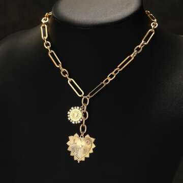 BONJOULRY Chunky Gold Sun Heart Pendent Charm Necklace for Women 18K Gold Plated Choker Necklace Heart Charm Necklace Thick Paperclip Chain Necklace