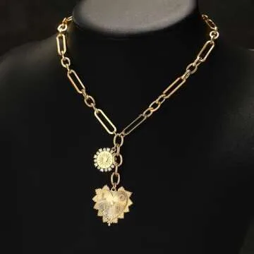 BONJOULRY Chunky Gold Sun Heart Pendent Charm Necklace for Women 18K Gold Plated Choker Necklace Heart Charm Necklace Thick Paperclip Chain Necklace