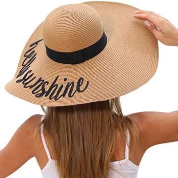 Lanzom Womens 5.5 Inches Big Bowknot Straw Hat Large Floppy Foldable Roll up Beach Cap Sun Hat UPF 50+(Y-Hello Sunshine Khaki)