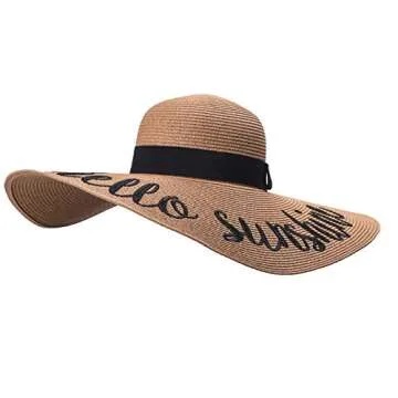 Lanzom Womens 5.5 Inches Big Bowknot Straw Hat Large Floppy Foldable Roll up Beach Cap Sun Hat UPF 50+(Y-Hello Sunshine Khaki)