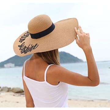 Lanzom Womens 5.5 Inches Big Bowknot Straw Hat Large Floppy Foldable Roll up Beach Cap Sun Hat UPF 50+(Y-Hello Sunshine Khaki)