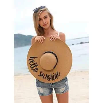 Lanzom Womens 5.5 Inches Big Bowknot Straw Hat Large Floppy Foldable Roll up Beach Cap Sun Hat UPF 50+(Y-Hello Sunshine Khaki)