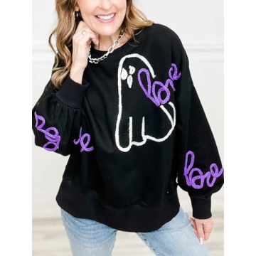 Yiulangde Womens Halloween Ghost Sweatshirt Spooky Season Funny Graphic Sweaters Crewneck Sweatshirt Halloween Party Clothes Black