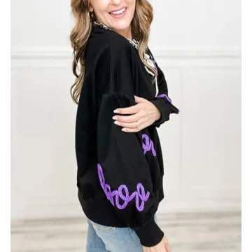 Yiulangde Womens Halloween Ghost Sweatshirt Spooky Season Funny Graphic Sweaters Crewneck Sweatshirt Halloween Party Clothes Black