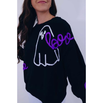 Yiulangde Womens Halloween Ghost Sweatshirt Spooky Season Funny Graphic Sweaters Crewneck Sweatshirt Halloween Party Clothes Black