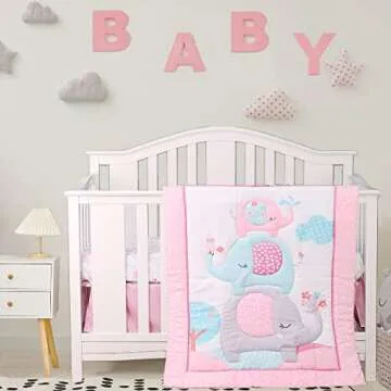 4Piece Soft Baby Girl Crib Bedding Set Pink Elephant Nursery Bedding Crib Set | Crib Comforter, Fitt...