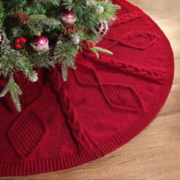 LimBridge Knitted Christmas Tree Skirt: 48 Inches Wine Red Tree Skirt, Diamond Braided Cable Knit Thick Rustic Christmas Tree Decorations, Farmhouse Christmas Decor Xmas Holiday Home Party Decorations