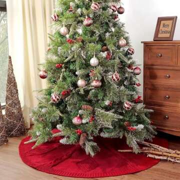 LimBridge Knitted Christmas Tree Skirt: 48 Inches Wine Red Tree Skirt, Diamond Braided Cable Knit Thick Rustic Christmas Tree Decorations, Farmhouse Christmas Decor Xmas Holiday Home Party Decorations