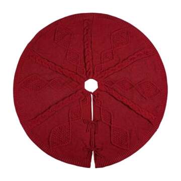 LimBridge Knitted Christmas Tree Skirt: 48 Inches Wine Red Tree Skirt, Diamond Braided Cable Knit Thick Rustic Christmas Tree Decorations, Farmhouse Christmas Decor Xmas Holiday Home Party Decorations