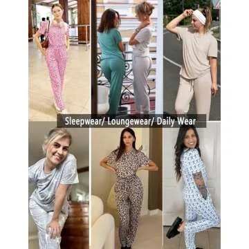Ekouaer 2 Pack Womens Pajama Sets Short Sleeve Tops Jogger Pants Lounge Sets Soft Loungewear Printed Pj with Pockets