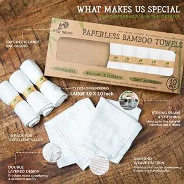 Eco Being Reusable Paper Towels, Unpaper Towels Washable - Ultra-Absorbent, Strong, Double Layered Reusable Napkins and Cloth Paper Towels for Kitchen - 100% Bamboo Zero Waste Paper Towel Alternative