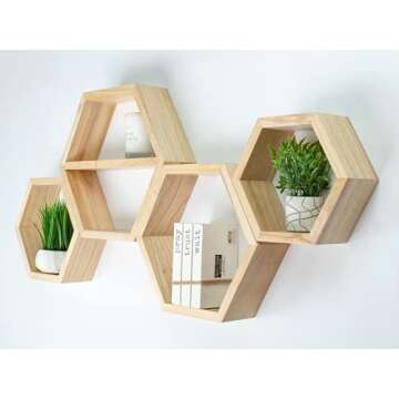Extra Large Hexagon Floating Shelves - Set of 4 - Honeycomb Shelves Octagon Shelves Wall Hanging Shelves Honeycomb Decor - Wooden Honey Comb Hexagon Shelf for Wall - Geometric Hexagonal Wood (Natural)
