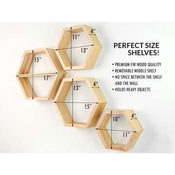 Extra Large Hexagon Floating Shelves - Set of 4 - Honeycomb Shelves Octagon Shelves Wall Hanging Shelves Honeycomb Decor - Wooden Honey Comb Hexagon Shelf for Wall - Geometric Hexagonal Wood (Natural)