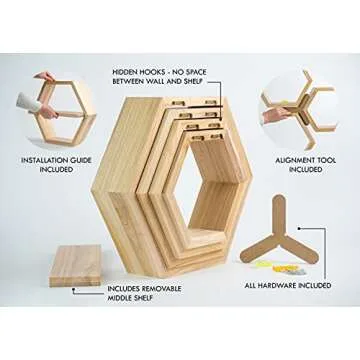 Extra Large Hexagon Floating Shelves - Set of 4 - Honeycomb Shelves Octagon Shelves Wall Hanging Shelves Honeycomb Decor - Wooden Honey Comb Hexagon Shelf for Wall - Geometric Hexagonal Wood (Natural)