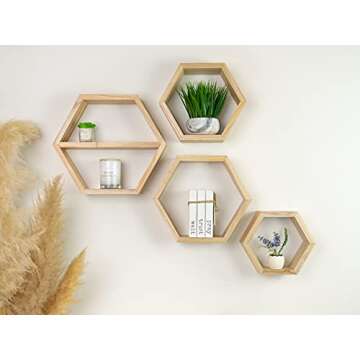 Extra Large Hexagon Floating Shelves - Set of 4 - Honeycomb Shelves Octagon Shelves Wall Hanging Shelves Honeycomb Decor - Wooden Honey Comb Hexagon Shelf for Wall - Geometric Hexagonal Wood (Natural)