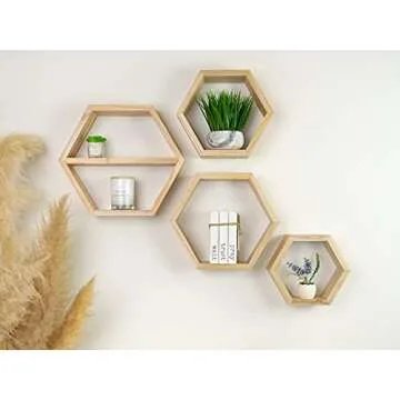 Extra Large Hexagon Floating Shelves - Set of 4 - Honeycomb Shelves Octagon Shelves Wall Hanging Shelves Honeycomb Decor - Wooden Honey Comb Hexagon Shelf for Wall - Geometric Hexagonal Wood (Natural)
